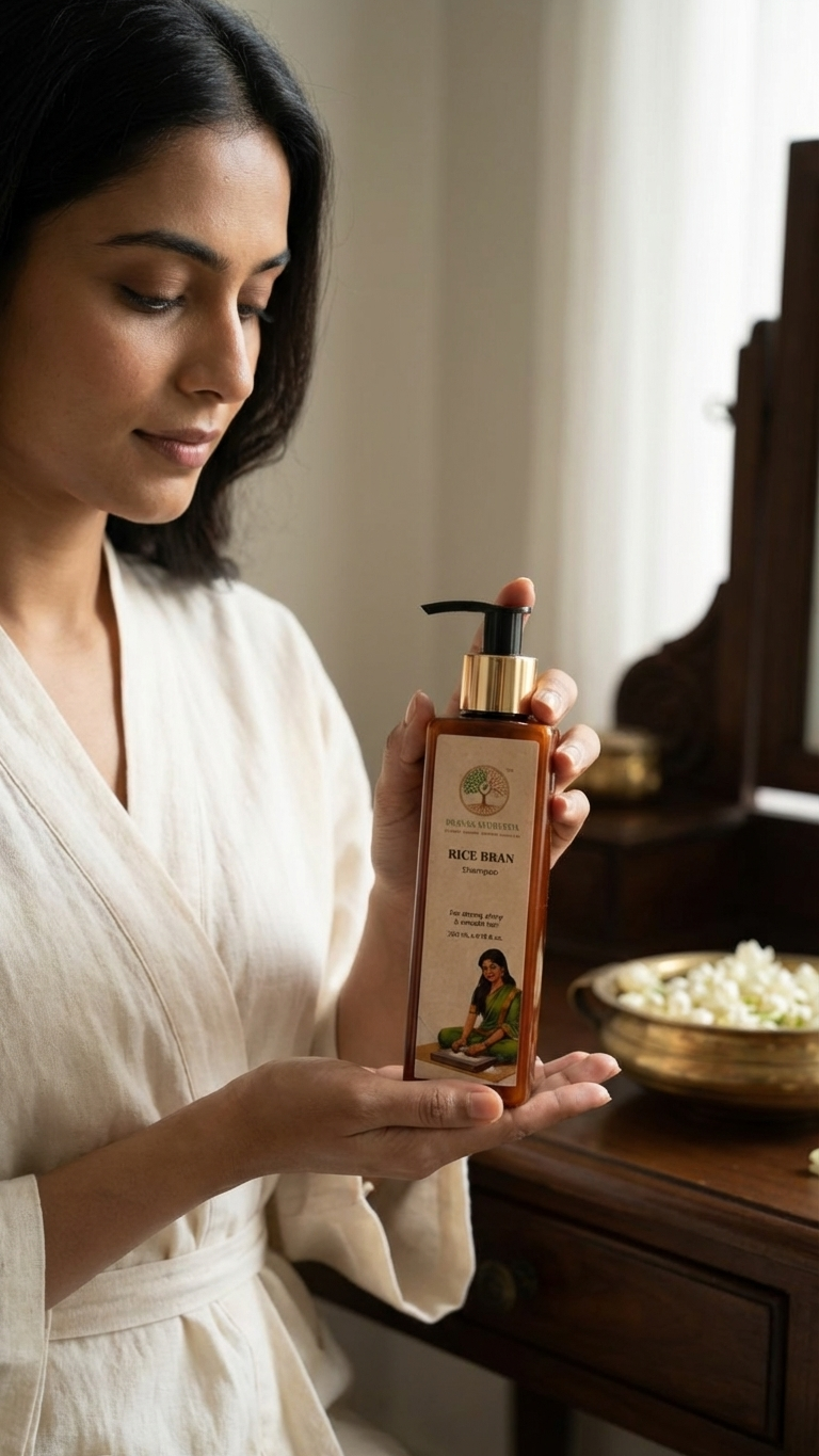 Prayas Ayurveda Rice Bran Shampoo for strengthening hair, reducing damage, and gentle scalp cleansing