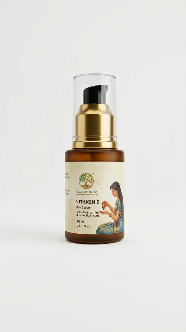 Prayas Ayurveda Vitamin E Hair Serum for frizz-free, smooth, and shiny hair with lightweight formula