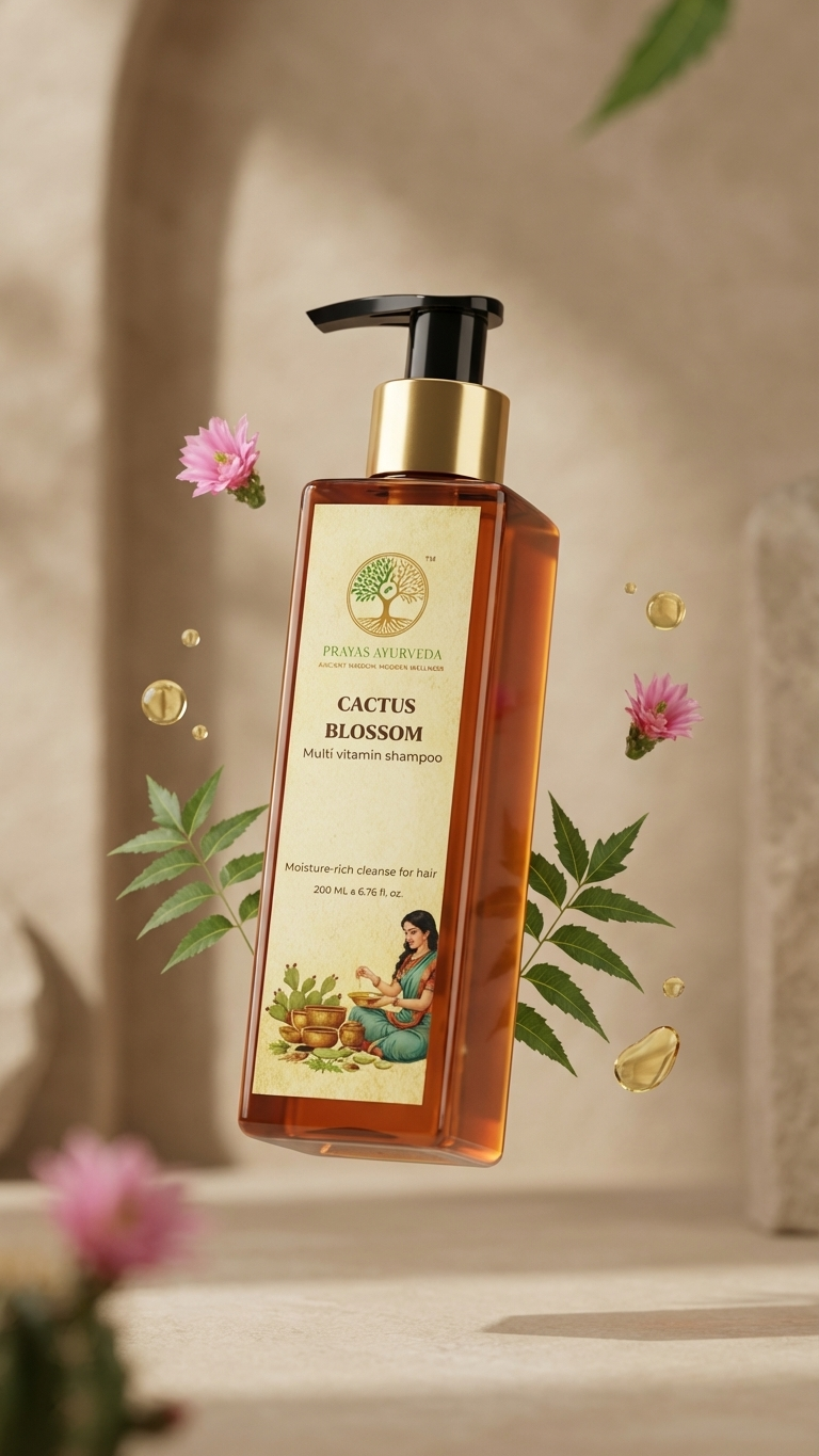 Prayas Ayurveda Cactus Blossom Shampoo for hydration, scalp nourishment, and healthy hair growth