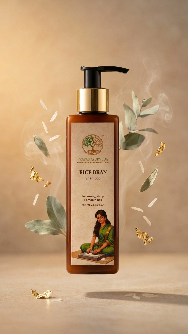 Prayas Ayurveda Rice Bran Shampoo for strengthening hair, reducing damage, and gentle scalp cleansing