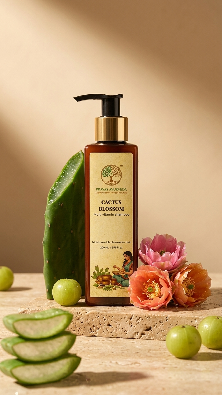 Prayas Ayurveda Cactus Blossom Shampoo for hydration, scalp nourishment, and healthy hair growth