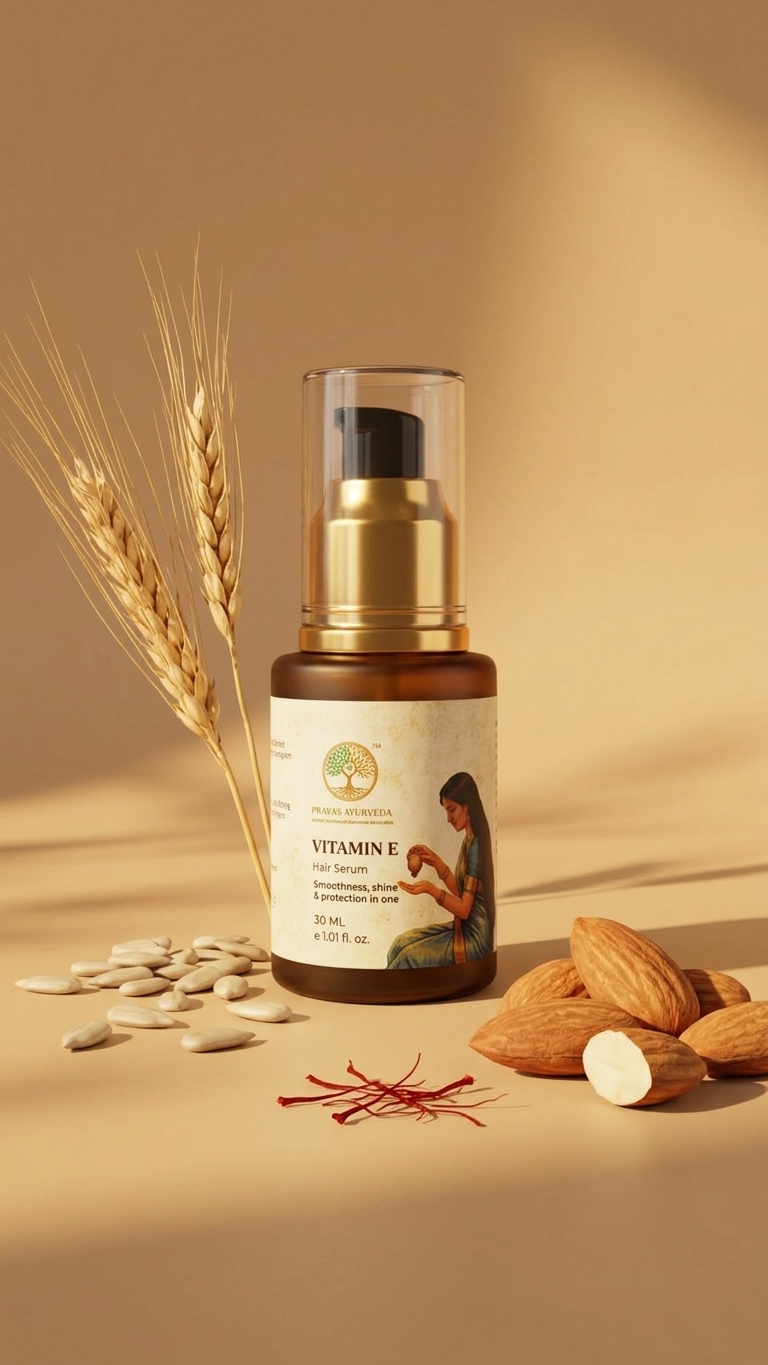 Prayas Ayurveda Vitamin E Hair Serum for frizz-free, smooth, and shiny hair with lightweight formula