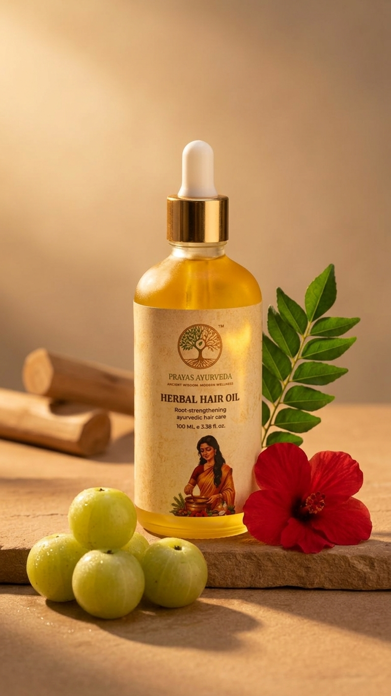 Prayas Ayurveda Herbal Hair Oil for hair growth, scalp nourishment, and reducing hair fall naturally