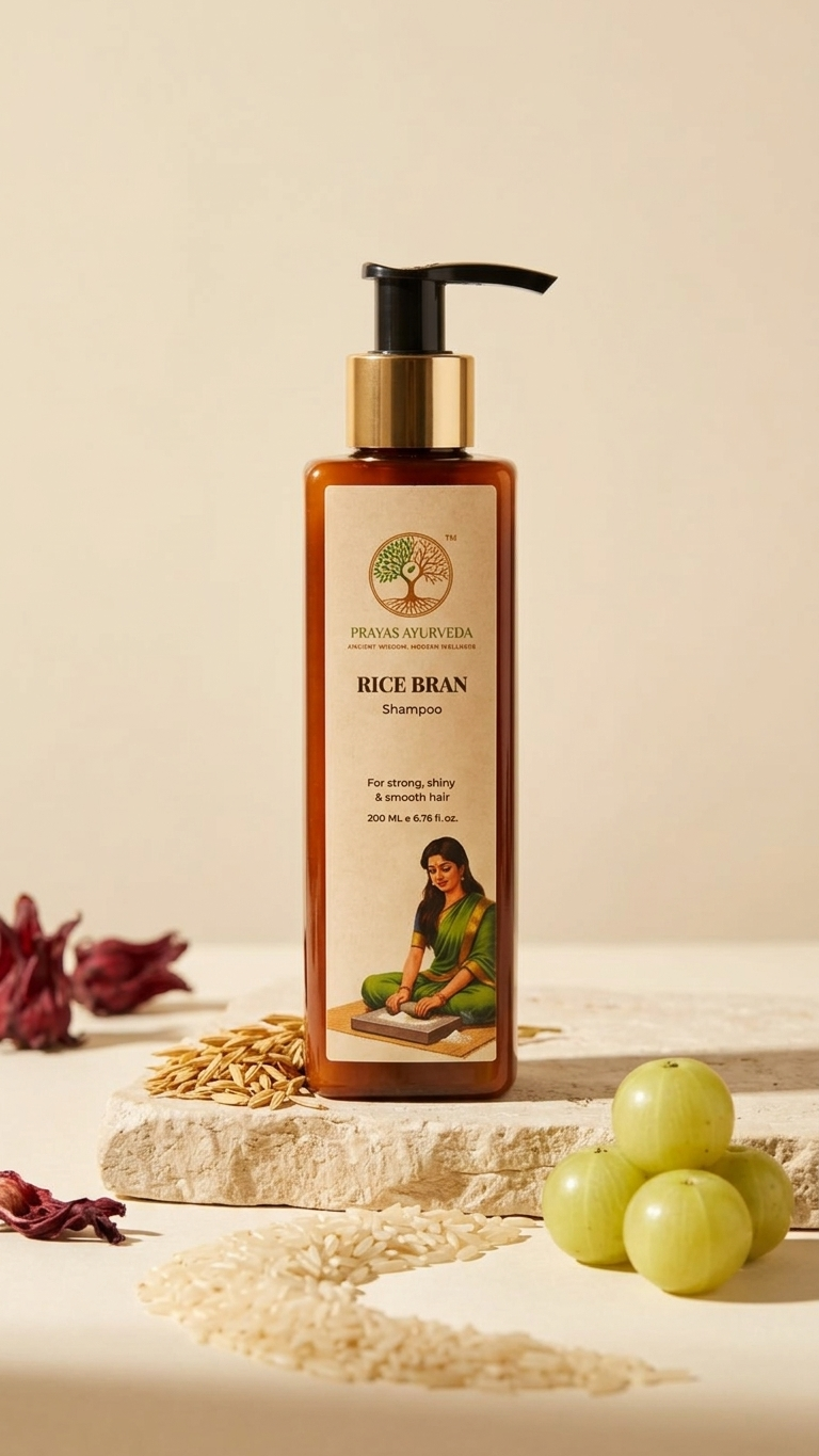 Prayas Ayurveda Rice Bran Shampoo for strengthening hair, reducing damage, and gentle scalp cleansing