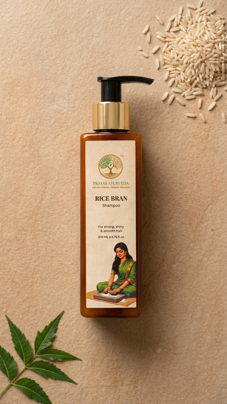 Prayas Ayurveda Rice Bran Shampoo for strengthening hair, reducing damage, and gentle scalp cleansing