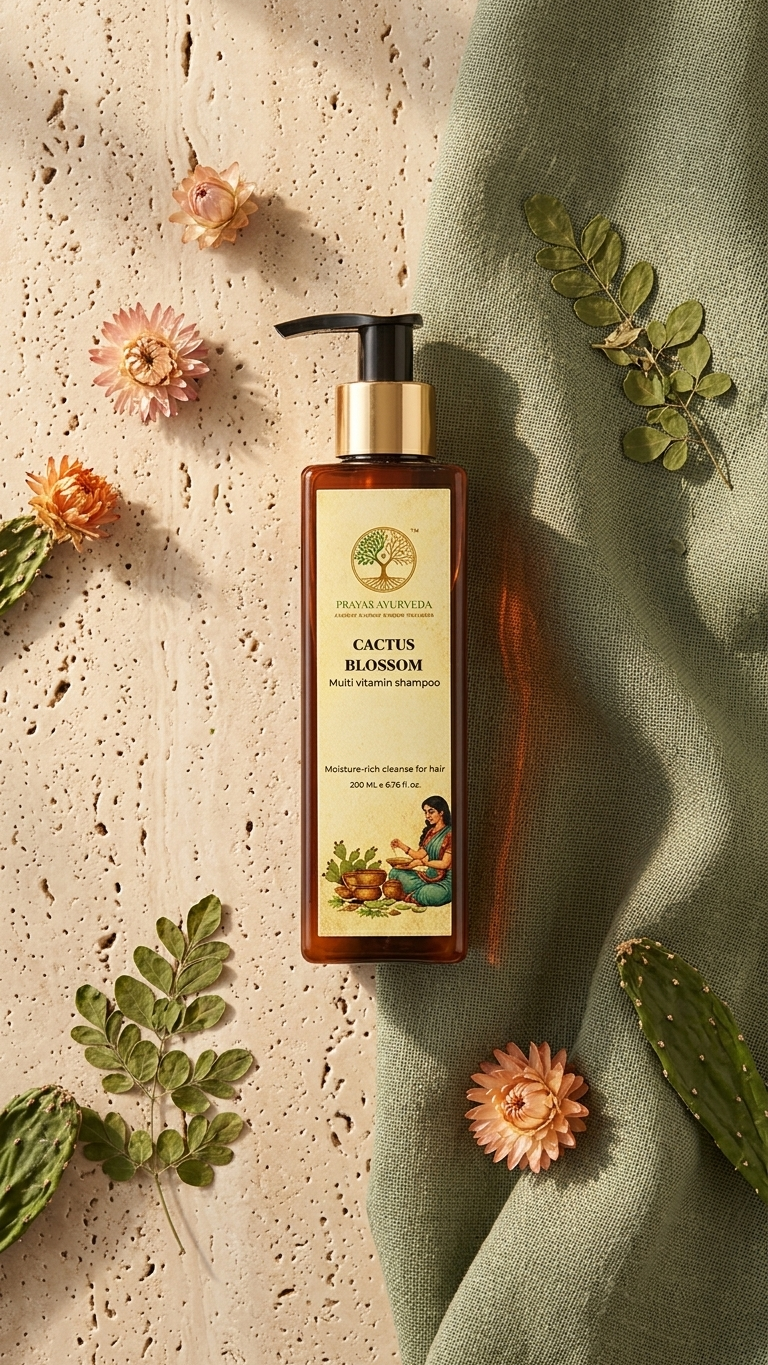 Prayas Ayurveda Cactus Blossom Shampoo for hydration, scalp nourishment, and healthy hair growth