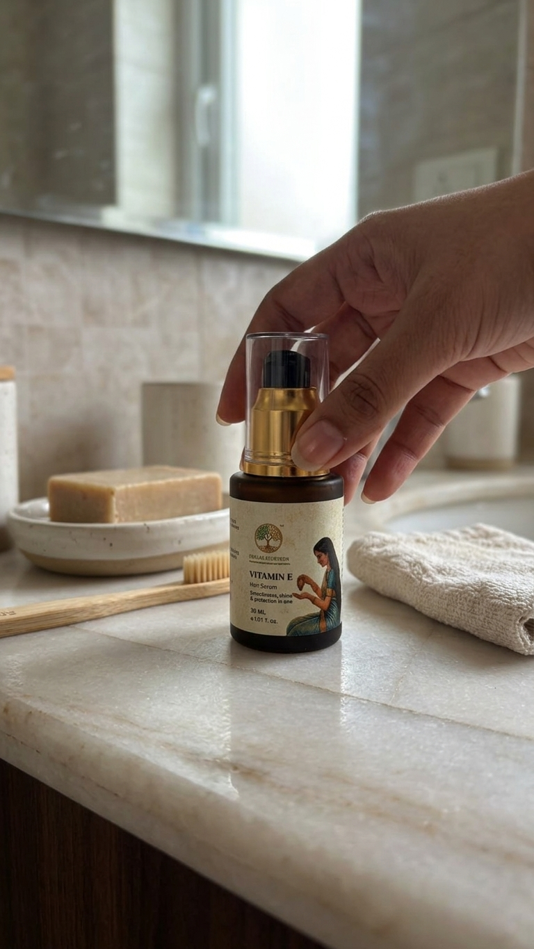 Prayas Ayurveda Vitamin E Hair Serum for frizz-free, smooth, and shiny hair with lightweight formula